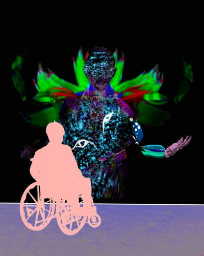 Somatic Shrines for Crip Times – Scherenschnittfigur im Rollstuhl vor digitalem Bild eines Menschen mit buntem, abstraktem Hintergrund auf schwarzem Grund.