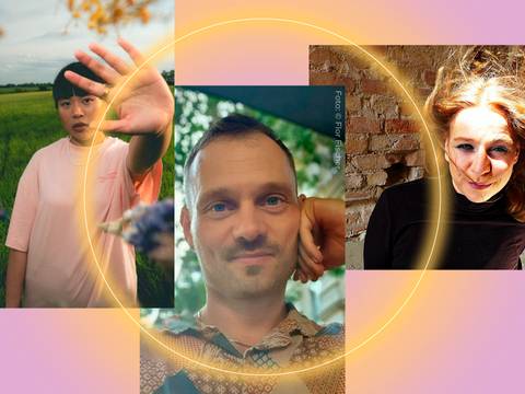Perspektiven der dritten und vierten Generation Ost | Ngoc Anh Nguyen, Flor Fischer, Juliane Meckert – Drei Personen vor farbigem Hintergrund: links Person mit Hand gehoben, Mitte lächelnde Person, rechts Person mit wehenden Haaren. Text: Foto Tony Quill, Foto