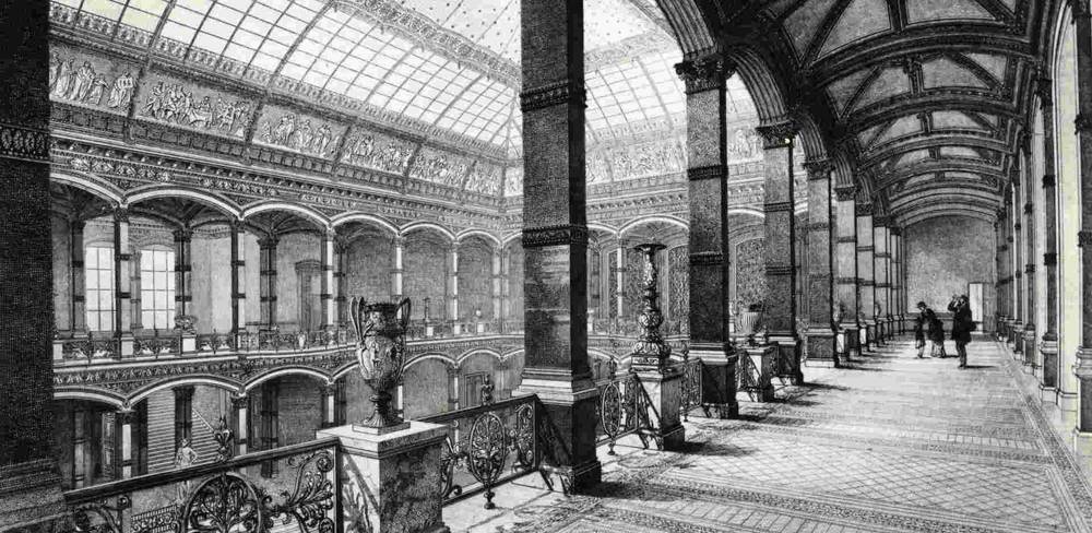 Blick in den Lichthof des ehemaligen Kunstgewerbemuseums Berlin (heute Gropius Bau), Architekten Martin Gropius und Heino Schmieden, um 1881