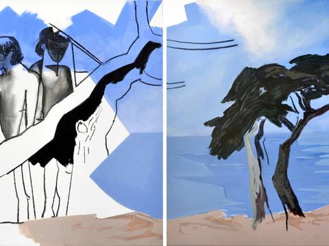 Esther Horn, ANCESTRALSCAPE (no bathers) 2, 2016, Acryl, Öl, Kohle auf Maltuch, 120 x 320 cm © Esther Horn – Esther Horn