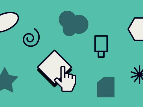  – Pointer-Hand zeigt auf Quadrat auf grünem Hintergrund; umgeben von Oval, Spirale, Wolke, Eiskreiform, Sechseck, fünfzackigem Stern, Halbstern, Rechteck.