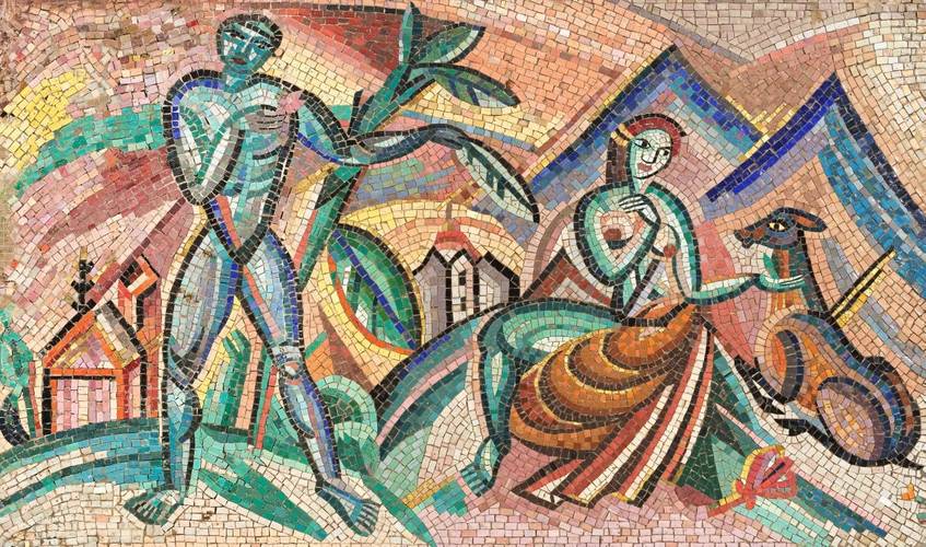 Cesar Klein / Vereinigte Werkstätten für Mosaik und Glasmalerei Puhl & Wagner, Gottfried Heinersdorff Akte in einer Landschaft, 1914 Glasmosaik auf Holz, in Stahlrahmen 81 x 134 cm Sammlung Esche