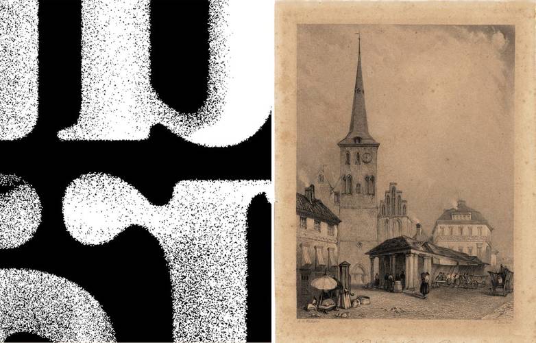 Ausstellungs-Visuals „Um Steine streiten?!“ und „Wer bestimmte in der Stadt?“ (Collage) – Zusammenschnitt aus typografischem Logo und historischer Ansicht der Nikolaikirche