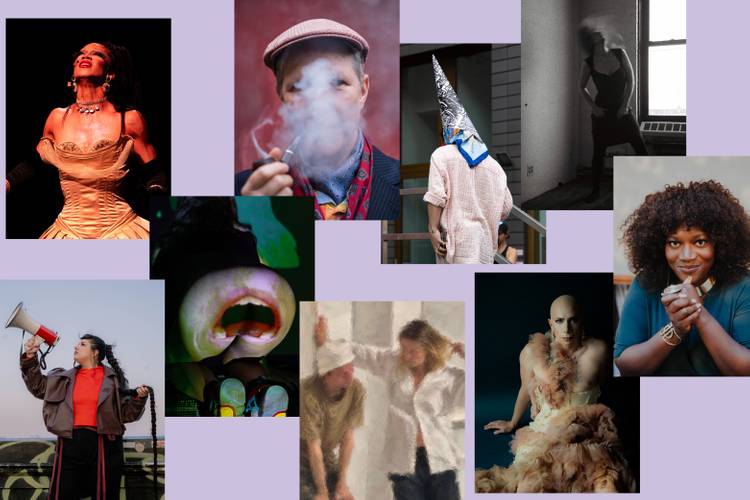 Collage aus acht Bildern, darunter eine lachende Person, eine Person mit Zylinder in Rauch, eine Person mit Aluhut, eine Person mit Megafon.