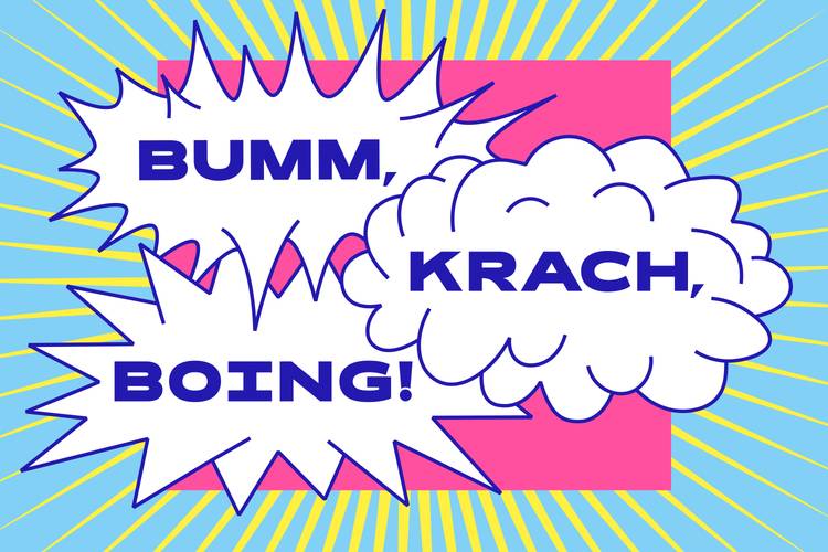 BUMM, KRACH, BOING! – Drei Sprechblasen mit Text: "BUMM, KRACH, BOING!" auf rosa Hintergrund mit blau-gelben Strahlen.