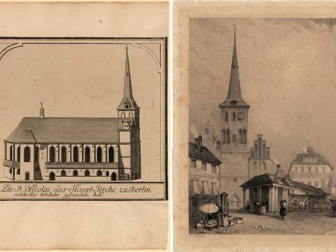 Historische Abbildungen der Berliner Nikolaikirche: links „Die St. Nicolai oder Haupt-Kirche zu Berlin welche über 400 Jahr gestanden hat“, Radierung von Johann Friedrich Walther, um 1738; rechts „Church of St. Nicholas in Berlin“, Stahlstich von Alfred G. Vickers, 1836 – Die Berliner Nikolaikirche in einer Collage zweier historischer Grafiken