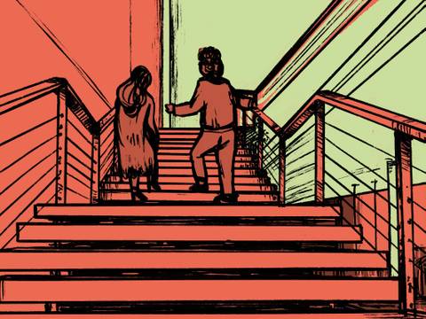  – In einer Zeichnung in den Farben orange und grün gehen zwei Personen die Treppe hoch ins Obere Foyer des Haus der Berliner Festspiele