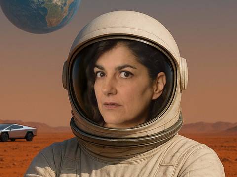  – Person in Astronautenanzug auf roter Marslandschaft, Erde im Hintergrund. Auto in der Ferne.