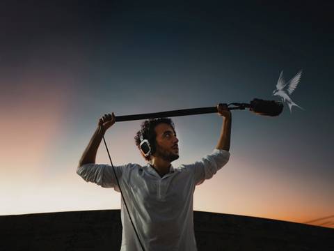 Parte de Nós von Lucas Lacerda und Daniel Weyand – Person mit Kopfhörern hält Mikrofon in Richtung eines fliegenden Vogels, Sonnenuntergang im Hintergrund.