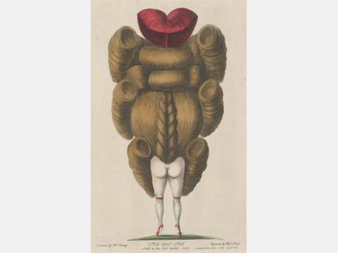 Top and Tail, 1777, Radierung koloriert, Kunstbibliothek – Karikatur einer aufwendig frisierten Perücke, die einen Körper mit roten Strümpfen und Schuhen ersetzt. Oben rote Lippen. Text: "Têtes à la mode 1777".