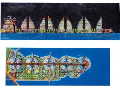 Peter Cook. Arcadia, Entwurf für die Wohnbebauung einer Halbinsel, 1977–1981, Wachsmalkreide, Acryl, Druck; 185 × 542 und 180 × 500 mm
