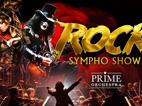  – Rock Sympho Show in goldener Schrift. Geigerin links, Gitarrist in Zylinder rechts. Unten dirigiert eine Person ein Orchester. Text: Prime Orchestra.