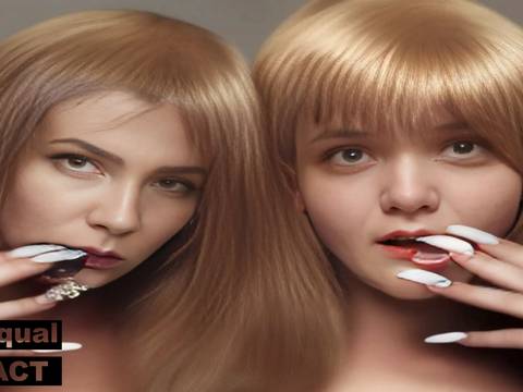  – Zwei Personen mit langen, blonden Haaren und gepuderten Wimpern. Eine Person isst ein Blatt. Unten links Text: equal ACT.