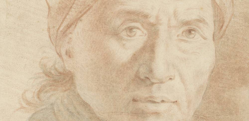 Daniel Chodowiecki, Bildnis des Philipp Joseph von Jariges, Detail, um 1765–70, Rötel und schwarze Kreide