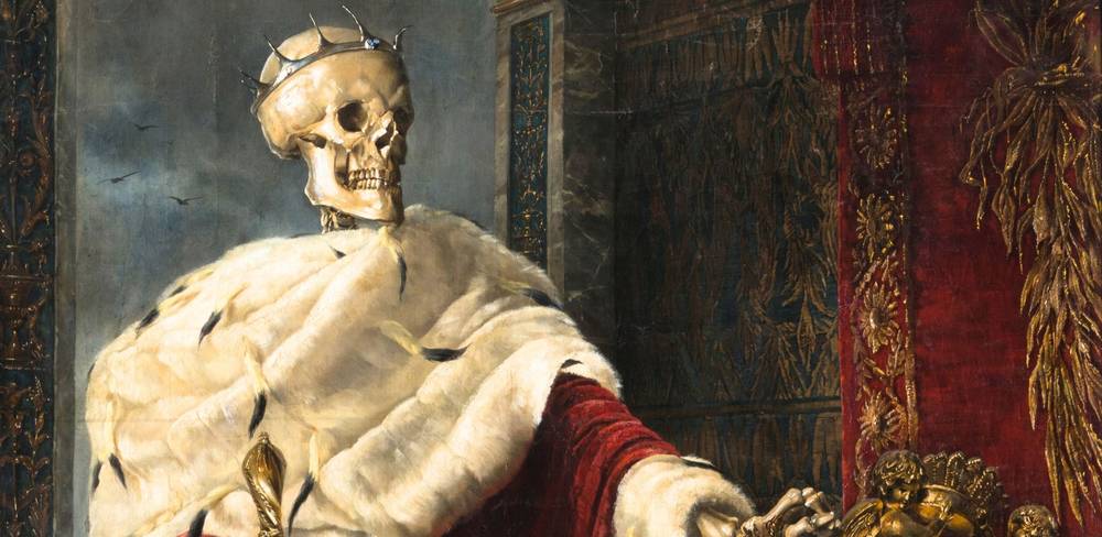 Hermione von Preuschen: Mors Imperator (Detail), 1887, Privatbesitz – Ein Skelett in königlicher Robe und mit Krone sitzt auf einem Thron. Die Szenerie ist prunkvoll mit roten und goldenen Details. Gemälde.