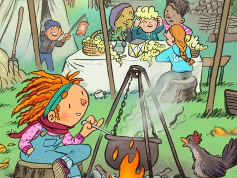 In den Herbstferien gibt es im Museumsdorf Düppel täglich tolle Angebote für die ganze Familie! – Illustration mit Kindern im Museumsdorf Düppel, die unterschiedlichen Aktivitäten nachgehen