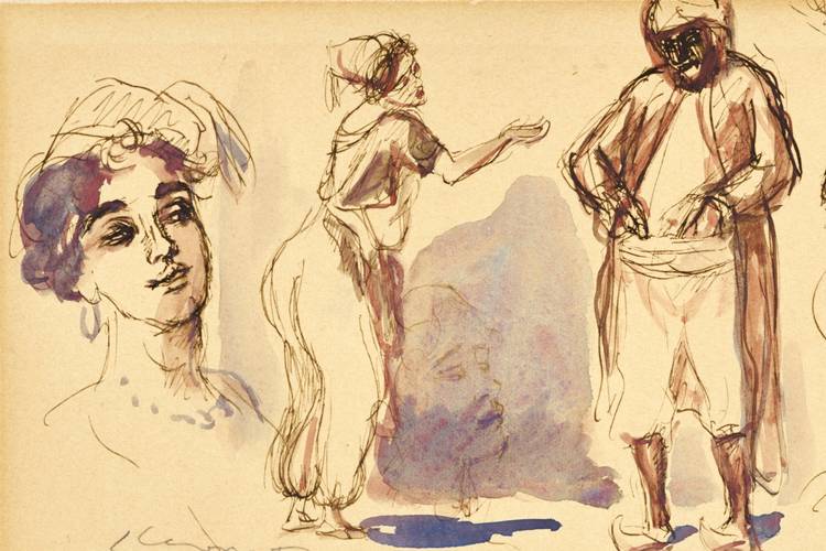 Max Slevogt, Skizzenblatt mit dem Kopf der Morgiane, der stehenden Morgiane, dem stehenden Ali Baba und zwei Räuberköpfen, um 1898-1903, Feder in Eisengallustinte, farbig laviert, Saarlandmuseum - Moderne Galerie, Saarbrücken, Stiftung Saarländischer Kult – Max Slevogt, Skizzenblatt mit dem Kopf der Morgiane, der stehenden Morgiane, dem stehenden Ali Baba und zwei Räuberköpfen, um 1898-1903, Feder in Eisengallustinte, farbig laviert, Saarlandmuseum - Moderne Galerie, Saarbrücken, Stiftung Saarländischer Kulturbesitz aus der Sammlung Kohl-Weigand, Foto: Tom Gundelwein