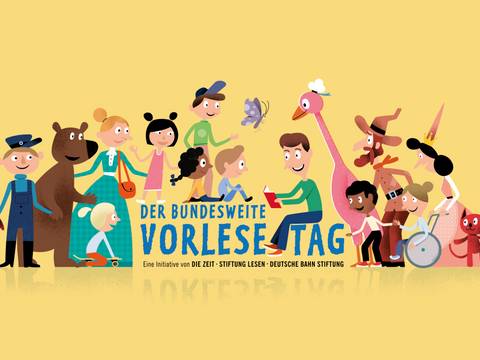 Keyvisual des bundesweiten Vorlestags, einer Initiative von Die Zeit, Stiftung Lesen und der Deutsche Bahn Stiftung. – Illustration zum Bundesweiten Vorlesetag: bunte Tiere mit Büchern und Lesezeichen in fröhlicher Runde.