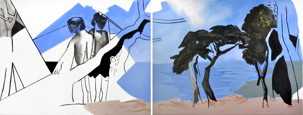 Esther Horn, ANCESTRALSCAPE (no bathers) 2, 2016, Acryl, Öl, Kohle auf Maltuch, 120 x 320 cm © Esther Horn – Esther Horn