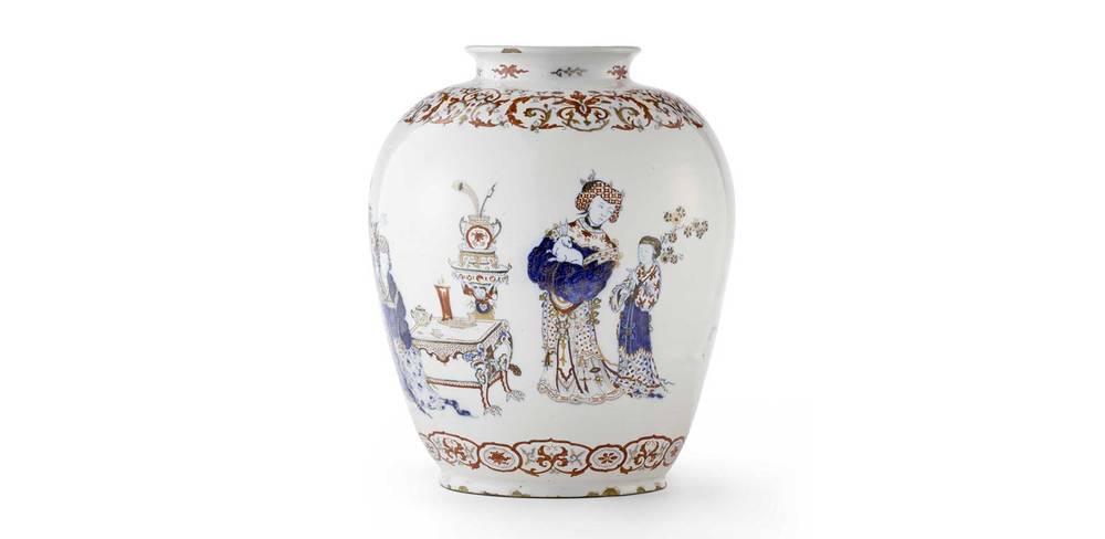 Vase mit chinesischen Figurenszenen, Delft, „Het Moriaenshooft“, Rochus Jacobsz Hoppesteyn, um 1686/90