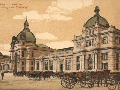 Bahnhof in Lemberg/Lwiw/Lwów, Postkarte um 1916