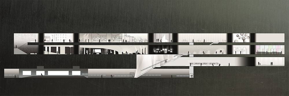 Querschnittsansicht des Libeskind-Baus mit Entwurf der neuen Dauerausstellung, Stand Wettbewerb