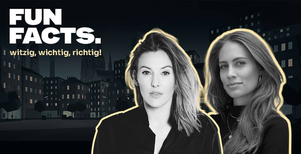 Jeannine Michaelsen & Baro Vicenta Ra Gabbert (Greenpeace) – Zwei Personen vor einer Stadtansicht bei Nacht. Text: FUN FACTS. witzig, wichtig, richtig!