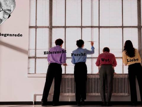 "QUARTETT" - EIFERSUCHT, WUT, LIEBE & FURCHT ZUGLEICH (Brecht) – Vier Personen stehen vor einem Fenster. Beschriftungen: Eifersucht, Furcht, Wut, Liebe. Links Gesicht mit "Gegenrede".