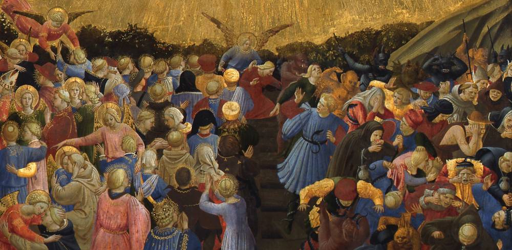 Fra Angelico, Das Jüngste Gericht (Detail), 1435 /40 – Mittelalterliches Gemälde; Menschenmenge steigt Treppen zu Engeln empor. Goldene Hintergründe und Heiligenscheine; dynamische Bewegungen.