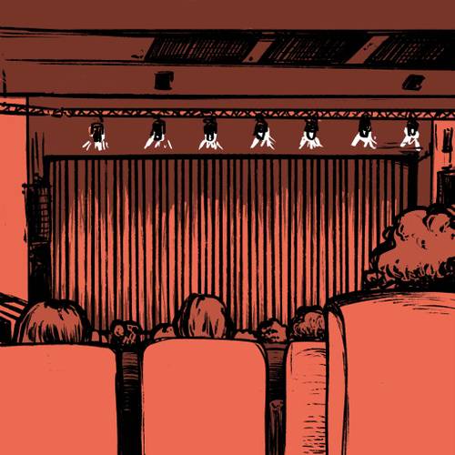 In einer Zeichnung in den Farben orange und grün sitzen Besucher*innen im Großen Saal des Haus der Berliner Festspiele und schauen Richtung Bühne