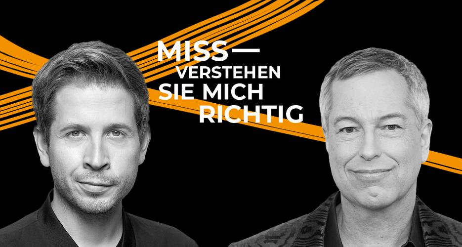 MISSVERSTEHEN SIE MICH RICHTIG – Thomas Hermanns zu Gast bei Kevin Kühnert – Zwei männlich gelesene Personen vor schwarzem Hintergrund mit orangefarbenen Linien. Text: MISSVERSTEHEN SIE MICH RICHTIG.