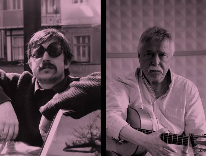 Doppelportrait Wolf Biermann – Zwei Bilder: links Person mit grober Brille und Schnurrbart, rechts Person mit weißem Hemd hält Gitarre.