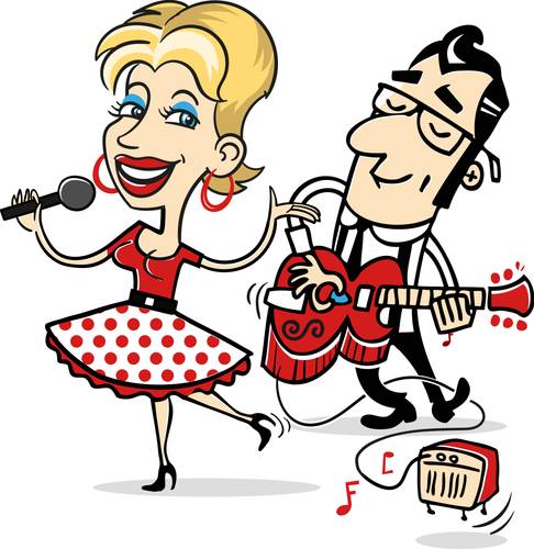 Zwei cartoonhafte Personen, eine mit Mikrofon, eine mit roter Gitarre; Kleid mit roten Punkten, Verstärker mit Musiknoten.