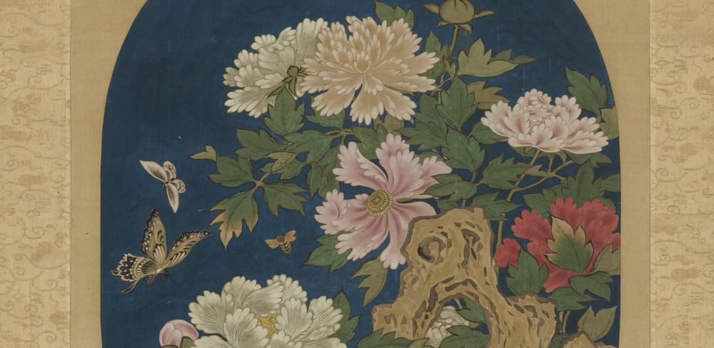 Kano Eisen-in Michinobu (1730-1790), Felsenpäonien, Detail, Tusche und Farben auf Papier