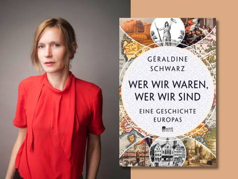 Géraldine Schwarz: Wer wir waren, wer wir sind. Eine Geschichte Europas – Person in rotem Oberteil neben Buchcover: "Geraldine Schwarz, Wer wir waren, wer wir sind. Eine Geschichte Europas, Rowohlt Berlin". Hintergrund mit Collage.