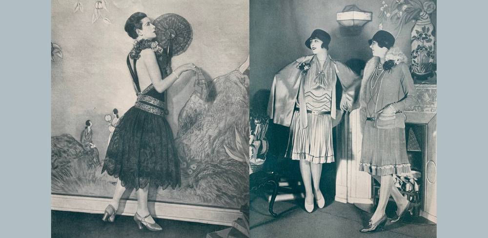 Modelle von Olga de Bayer in ihrem Salon mit Wandmalereien von Emil Orlik (Elegante Welt, 1926 und 1928)