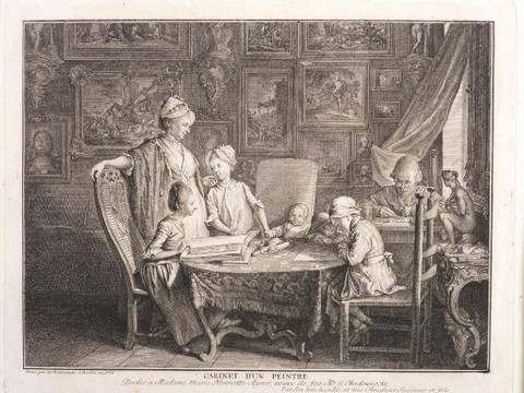 „Cabinet d´un peintre“ (Kabinett eines Malers), Radierung von Daniel Chodowiecki, Berlin, 1772 (von links nach rechts: Jeanne Barez, Jeanette, Susanne und Henriette Chodowiecka, Isaac Heinrich, Wilhelm und Daniel Chodowiecki) – Kabinett eines Malers, Radierung von Daniel Chodowiecki aus dem Jahr 1772, zu sehen sind Jeanne Barez, Jeanette, Susanne und Henriette Chodowiecka, Isaac Heinrich, Wilhelm und Daniel Chodowiecki