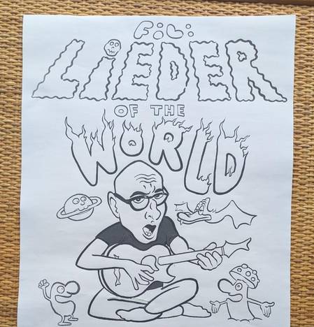 DIE neue FIL SHOW – Person mit Gitarre im Schneidersitz, umgeben von außerirdischen Kreaturen. Text: "F: L: B: LIEDER OF THE WORLD".