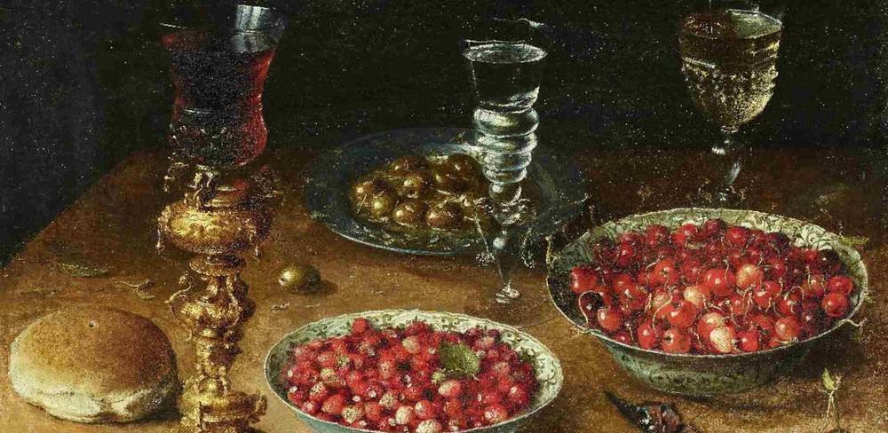 Osias Beert (der Ältere), Stillleben mit Kirschen und Erdbeeren in Porzellanschüsseln, Detail, 1608