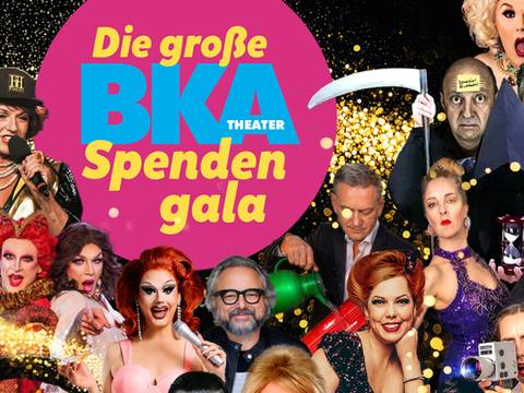 – Bunt gekleidete Darsteller*innen mit Requisiten vor einem rosa Kreis mit dem Text "Die grosse BKA Theater Spendengala". Goldene Glitzerpunkte überall.