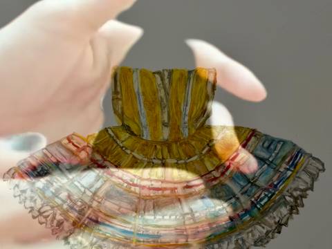 Bhasha Chakrabarti: Archive of Divine Possessions. Detail of 32 Gestures of Devotion, 2026, Bhasha Chakrabarti – Das Bild zeigt einen Ausschnitt aus dem Werk „Archive of Divine Possessions“ der Künstlerin Bhasha Chakrabarti. Es besteht aus einer Überlagerung eines bunten Miniaturrocks und zweier menschlicher Hände, die den Rock scheinbar berühren oder liebevoll umschließen.