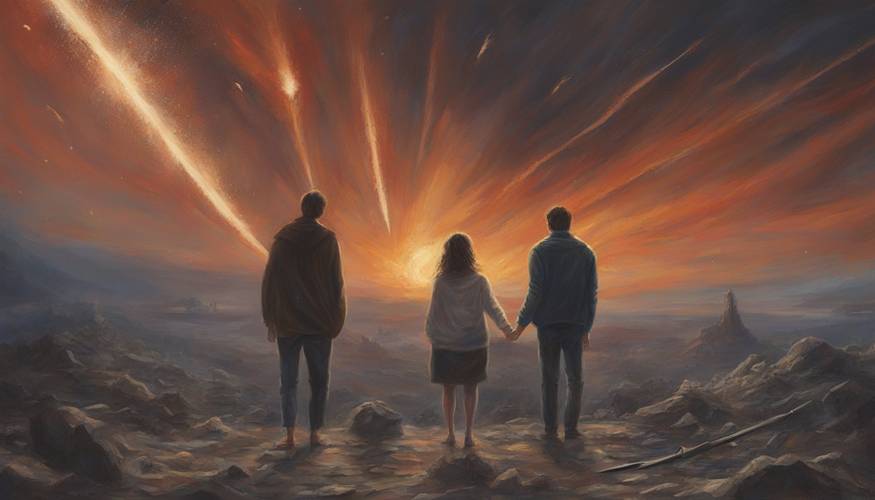 Symbolisches Motiv: drei Personen stehen vor einer postapokalyptischen Landschaft. Meteoriten fallen auf die Erde nieder.
