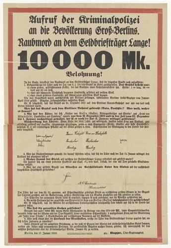 Historisches Fahndungsplakat zur Aufklärung eines Raubmordes am Geldbriefträger Lange aus dem Jahr 1919