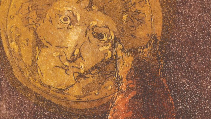 Stephan Klenner-Otto: Murr. Hornugsreuth, 2023 (Ausschnitt) – Stephan Klenner-Otto: Murr. Hornugsreuth, 2023 (Ausschnitt) In der Aquatinta-Radierung des Bamberger Künstlers und Illustrators Stefan Klenner-Otto (geb. 1959) erscheint E.T.A. Hoffmann als Mann im Mond, der liebevoll-streng auf seinen Kater Murr blickt; damit erzählt Klenner-Otto Hoffmanns Werk in einem neuen, bildhaften Zusammenhang weiter. © Stephan Klenner-Otto.