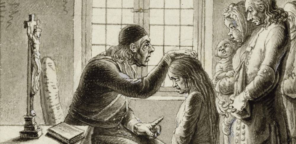 Daniel Chodowiecki, Pater Gassner oder Exorzierung eines Mädchens, Detail, aus: Vier Zeichnungen zum Taschenbuch für Aufklärer, 1790, Pinsel in Schwarz, weiß gehöht – Bleistiftskizze: Ein Mann segnet eine kniende Frau. Drei Personen, darunter ein Kind, beobachten. Ein Kruzifix steht links auf einem Tisch.