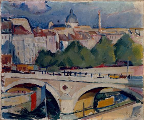 Rudolf Levy, Blick auf den Pont Marie (An der Seine in Paris), Öl auf Leinwand, 46,5 x 56 cm – Eine Malerei mit Blick auf eine Brücke in Paris. Im Hintergrund sind Bäume und die Stadtlandschaft zu sehen.