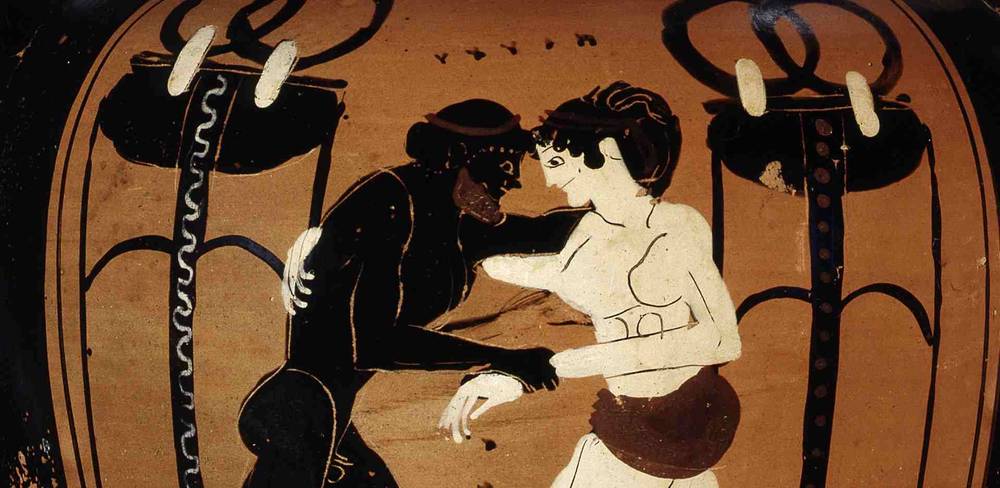 Atalante im Ringkampf gegen Peleus, Detail, Attisch schwarzfigurige Amphora, 490–480 v. Chr.