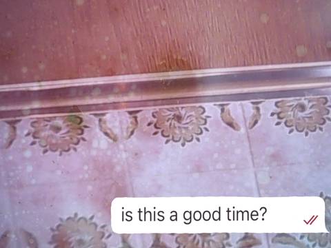  – Holz- und Kachelboden mit floralen Mustern. Unten rechts Text: "is this a good time?" und ein Häkchen.