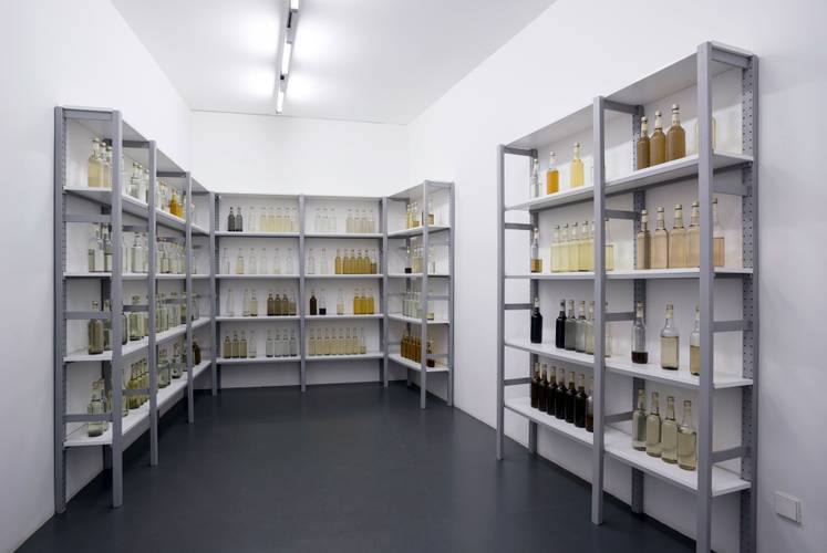 Das Pfützenarchiv von Mirja Busch – Archivansicht mit mit unterschiedlichen Flüssigkeiten gefüllten Flaschen in Regalen