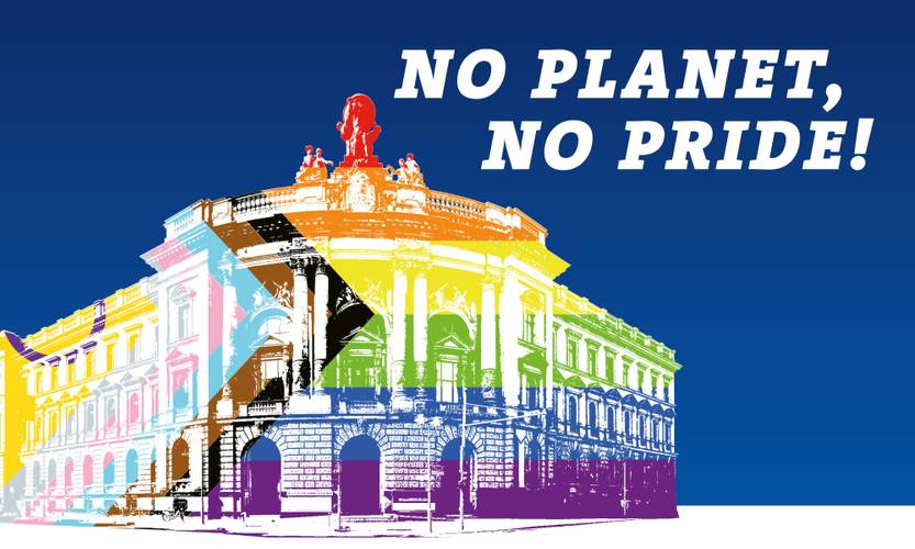 Key Visual der Veranstaltung – Mit der Pride-Flagge grafisch überlagerte Fassade des Museums